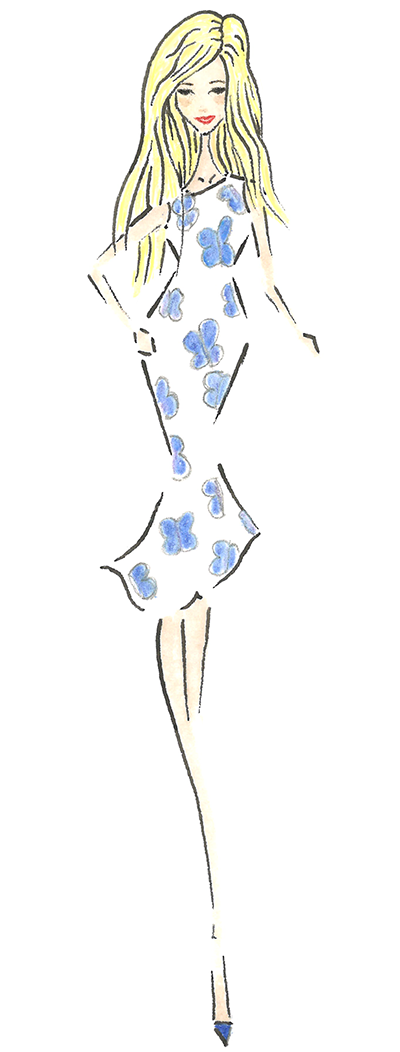 Illustration of Susan Spath in blue and white dress.